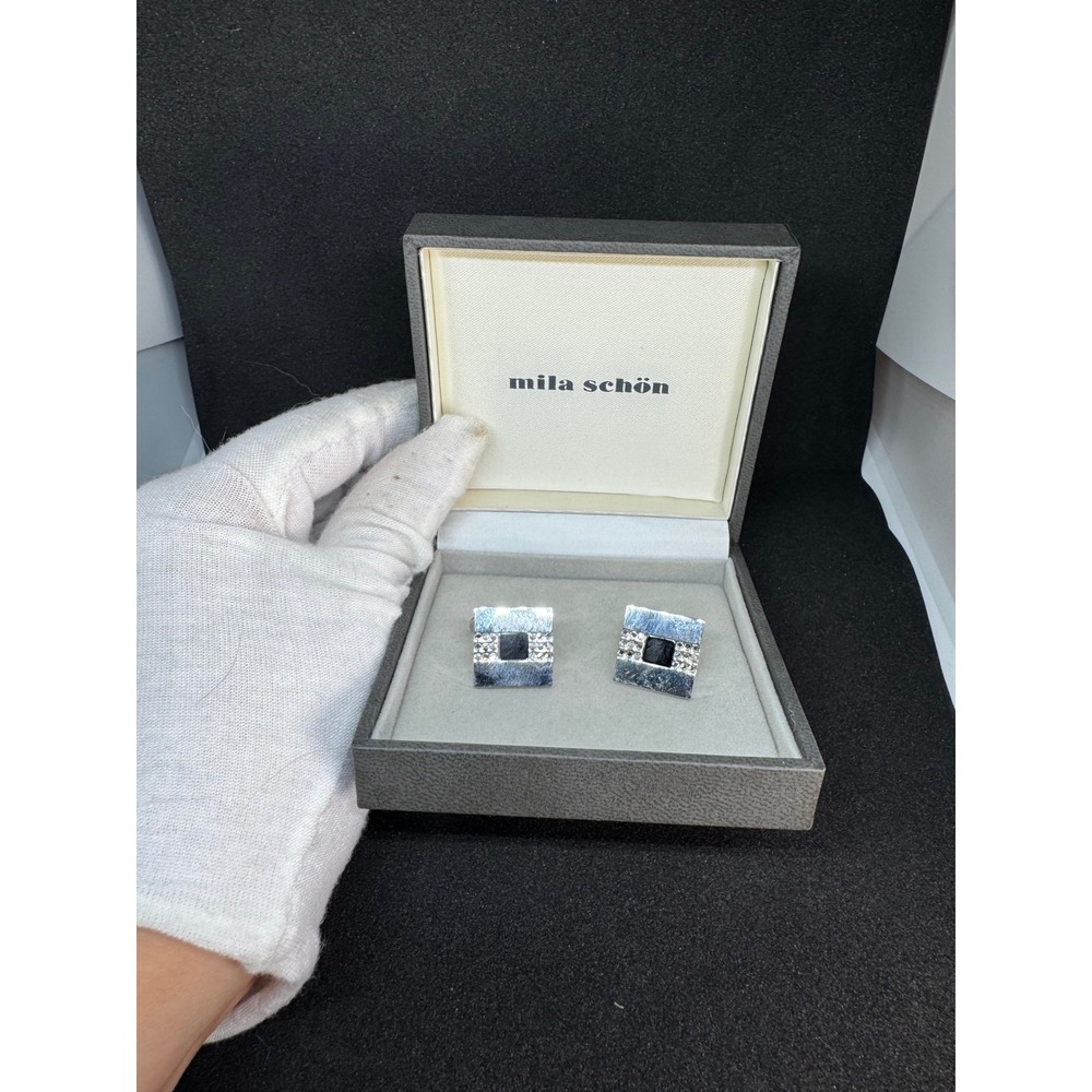 Mila Schön Cufflinks Tie Tack Set of 2 Vintage Gold Tone Black Square - Picture 6 of 10